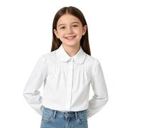 LOLANTA Camisa Niña Cuello Peter Pan, Blusa Botones Manga Larga Abullonada | Tela lisa, elástica y resistente a las manchas; estilo elegante, formal y casual