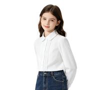 LOLANTA Camisa Niña Cuello Peter Pan, Blusa Botones Manga Larga Abullonada | Tela lisa, elástica y resistente a las manchas; estilo elegante, formal y casual