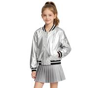 LOLANTA Chaqueta Bomber Metálica Brillante para Niña, Cazadora Ligera de Primavera y Otoño con Cremallera y Bolsillos, Estilo Corto, Cortaviento e Impermeable, 4-12 Años