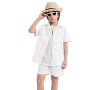 LOLANTA Conjunto de 2 Piezas de Ropa para Niños, Camisas de Blancas Lino de Manga Corta con Pantalones Cortos, Conjunto Casual de Verano para Niños(Blanco,5-6 años, 120)