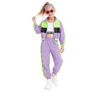 LOLANTA Conjunto de 3 piezas de ropa de hip hop para niñas, chándal retro de los años 80, camiseta sin mangas corta, chaqueta con cremallera y pantalones deportivos, Morado, 4-5 años, 110