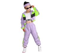 LOLANTA Conjunto de 3 piezas de ropa de hip hop para niñas, chándal retro de los años 80, camiseta sin mangas corta, chaqueta con cremallera y pantalones deportivos, Morado, 10-11 años, 150