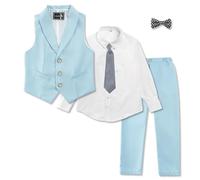 LOLANTA Conjunto de Traje Formal de 5 Piezas para Niños, Chaleco, Pantalones, Camisa y Corbata de Moño para Bodas, Cumpleaños y Fiestas (Azul, 8-9 Años, Talla 140)
