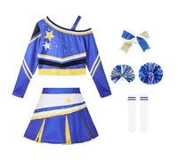 LOLANTA Disfraz de animadora brillante para niña con pompones, lazo y calcetines, azul, 9-10 años, 140