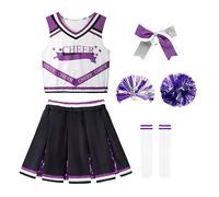LOLANTA Disfraz de Animadora para Niñas,Traje Animadora con Pompones, Disfraces Cheerleader Halloween para Niñas(morado,5-6 años,etiqueta 120)