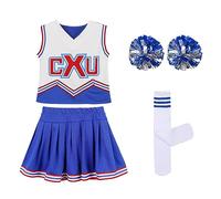 LOLANTA Disfraz de Animadora roja y Azul para niñas, Calcetines con Pompones, Disfraz de Animadora para niños, Disfraz de Carnaval, azul, 11-12 años, 160