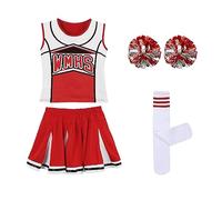 LOLANTA Disfraz de Animadora roja y Azul para niñas, Calcetines con Pompones, Disfraz de Animadora para niños, Disfraz de Carnaval, rojo, 8-9 años, 140