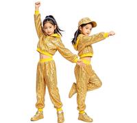 LOLANTA Niños Lentejuelas Hip Hop Traje de Baile Calle Ropa de Baile Conjunto Chaqueta Pantalón, Oro, 12-13 años, 170