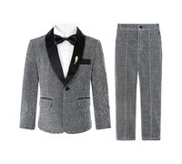LOLANTA Set de 4 Piezas para Niño: Traje de Smoking Brillante para Fiesta, Prom o PAJE de Boda Con Blazer, Pantalones, Camisa y Pajarita (Gris Oscuro, 7-8 Años, 130)