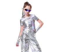 LOLANTA Top Metálico Camisa Danza Niña Jazz Moderno Hip-Hop Discoteca Top Brillante para Baile con Mangas Metálicas, Plata Láser, 10-11 años, 150