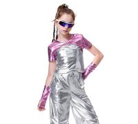 LOLANTA Top Metálico Camisa Danza Niña Jazz Moderno Hip-Hop Discoteca Top Brillante para Baile con Mangas Metálicas, Rosa, 10-11 años, 150