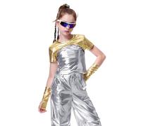 LOLANTA Top Metálico Camisa Danza Niña Jazz Moderno Hip-Hop Discoteca Top Brillante para Baile con Mangas Metálicas, Oro, 10-11 años, 150