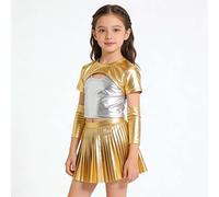 LOLANTA Top Metálico Camisa Danza Niña Jazz Moderno Hip-Hop Discoteca Top Brillante para Baile con Mangas Metálicas, Oro, 8-9 años, 140