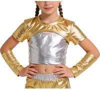 LOLANTA Top Metálico Camisa Danza Niña Jazz Moderno Hip-Hop Discoteca Top Brillante para Baile con Mangas Metálicas, Oro, 12-13 años, 170