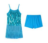 LOLANTA Traje de Baile con Flecos de Lentejuelas para Niñas, Conjunto de Baile Latino Salsa Rumba para Niños, Brillantes Minivestido Flecos Sin Mangas con Pantalón Corto, Azul lagoro, 10-11 años, 150