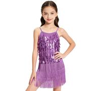 LOLANTA Traje de Baile con Flecos de Lentejuelas para Niñas, Conjunto de Baile Latino Salsa Rumba para Niños, Brillantes Minivestido Flecos Sin Mangas con Pantalón Corto, Morado, 6-7 años, 130