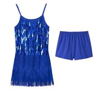 LOLANTA Traje de Baile con Flecos de Lentejuelas para Niñas, Conjunto de Baile Latino Salsa Rumba para Niños, Brillantes Minivestido Flecos Sin Mangas con Pantalón Corto, Azul Real, 8-9 años, 140