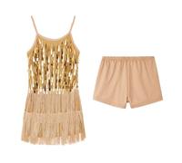 LOLANTA Traje de Baile con Flecos de Lentejuelas para Niñas, Conjunto de Baile Latino Salsa Rumba para Niños, Brillantes Minivestido Flecos Sin Mangas con Pantalón Corto, Oro, 5-6 años, 120