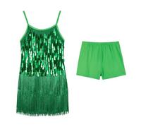 LOLANTA Traje de Baile con Flecos de Lentejuelas para Niñas, Conjunto de Baile Latino Salsa Rumba para Niña, Brillantes Minivestido Flecos Sin Mangas con Pantalón Corto, Verde, 8-9 años, 140