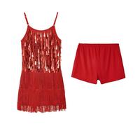 LOLANTA Traje de Baile con Flecos de Lentejuelas para Niñas, Conjunto de Baile Latino Salsa Rumba para Niños, Brillantes Minivestido Flecos Sin Mangas con Pantalón Corto, Rojo, 11-12 años, 160