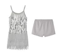 LOLANTA Traje de Baile con Flecos de Lentejuelas para Niñas, Conjunto de Baile Latino Salsa Rumba para Niños, Brillantes Minivestido Flecos Sin Mangas con Pantalón Corto, Plata, 11-12 años, 160