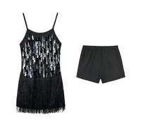 LOLANTA Traje de Baile con Flecos de Lentejuelas para Niñas, Conjunto de Baile Latino Salsa Rumba para Niña, Brillantes Minivestido Flecos Sin Mangas con Pantalón Corto, Negro, 6-7 años, 130