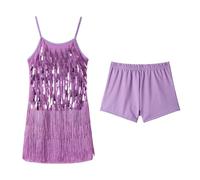 LOLANTA Traje de Baile con Flecos de Lentejuelas para Niñas, Conjunto de Baile Latino Salsa Rumba para Niños, Brillantes Minivestido Flecos Sin Mangas con Pantalón Corto, Morado, 11-12 años, 160