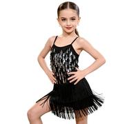 LOLANTA Traje de Baile con Flecos de Lentejuelas para Niñas, Conjunto de Baile Latino Salsa Rumba para Niña, Brillantes Minivestido Flecos Sin Mangas con Pantalón Corto, Negro, 11-12 años, 160