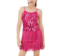 LOLANTA Traje de Baile con Flecos de Lentejuelas para Niñas, Conjunto de Baile Latino Salsa Rumba para Niños, Brillantes Minivestido Flecos Sin Mangas con Pantalón Corto, Rosa, 6-7 años, 130