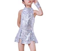 LOLANTA Traje de Baile de Lentejuelas para Niñas Ropa de Baile de Hip Hop Conjunto de Traje de Vestido de Baile Brillante, Plata, 4-5 años, 110