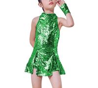 LOLANTA Traje de Baile de Lentejuelas para Niñas Ropa de Baile de Hip Hop Conjunto de Traje de Vestido de Baile Brillante, Verde, 5-6 años, 120