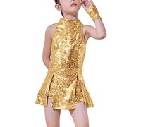 LOLANTA Traje de Baile de Lentejuelas para Niñas Ropa de Baile de Hip Hop Conjunto de Traje de Vestido de Baile Brillante, Dorado, 4-5 años, 110