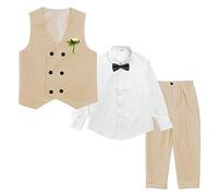 LOLANTA Traje Formal de 4 Piezas para niño, Conjunto de Chaleco de Doble Botonadura, Ropa para Ocasiones de Fiesta de Bodas de cumpleaños para niños, Caqui, 10-11 años, 150