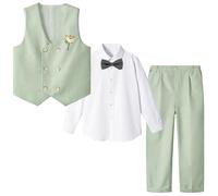 LOLANTA Traje Formal de 4 Piezas para niño, Conjunto de Chaleco de Doble Botonadura, Ropa para Ocasiones de Fiesta de Bodas de cumpleaños para niños, Verde, 4-5 años, 110