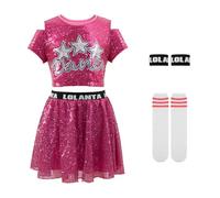LOLANTA Trajes de Baile con Lentejuelas para niñas, Ropa de Baile Brillante de Jazz Hip Hop, Tops Cortos con Falda, Rosa, 10-11 años, 150