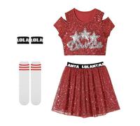 LOLANTA Trajes de Baile con Lentejuelas para niñas, Ropa de Baile Brillante de Jazz Hip Hop, Tops Cortos con Falda, Rojo, 11-12 años, 160