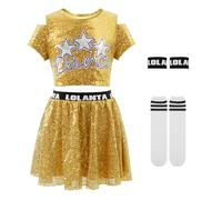 LOLANTA Trajes de Baile con Lentejuelas para niñas, Ropa de Baile Brillante de Jazz Hip Hop, Tops Cortos con Falda, Dorado, 10-11 años, 150