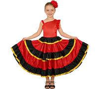 LOLANTA Vestido Flamenco con Volantes para Niña 3 Piezas, Estilo Sevillana, con Flor Roja y Abanico Plegable, 360 Grados, 12-13 años, 160
