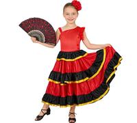 LOLANTA Vestido Flamenco con Volantes para Niña 3 Piezas, Estilo Sevillana, con Flor Roja y Abanico Plegable, 180 Grados, 5-6 años, 120
