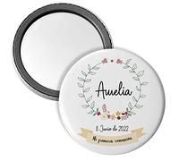 LolaPix Chapa Espejo comunión. Detalles comunión para Invitados. Espejo Bolso. Regalos Personalizados. Tamaño 6x6cm. Descuentos por cantidad Desde 5 a 1000 Unidades. Comunión Flores