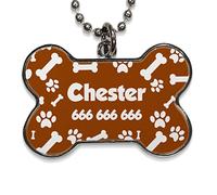 LolaPix Chapa Perros Personalizadas con foto, texto o imagen. Placas para Perros. Chapa metálica con forma de hueso. Regalo personalizado. HUELLAS CHOCOLATE