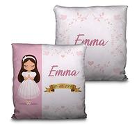 LolaPix Cojín relleno de Poliéster. Regalos comunión Personalizados con Nombre y Texto. Varios diseños. NIÑA Morena