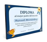 LolaPix Dia del padre regalos. Diploma con Nombre, Regalo para hombre en Madera DM, Marcos de fotos Decorativos 20x28 cm, Regalos personalizados para Papá. Diploma azul padre