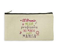 LolaPix Neceser Mujer Personalizado. Estuche Maquillaje y Viaje. Estuche Lápices. Regalo Profesora Primaria. Tejido Tipo Lino. 11.5 x 22.5 cm. Mejor PROFE del Mundo