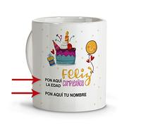 LolaPix Taza con nombre. Tazas personalizadas. Tazas desayuno originales. Varios diseños. Cerámica. 300ml. CUMPLEAÑOS FELIZ