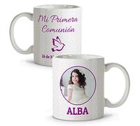 LolaPix Taza Personalizada Comunion. Ideas Regalos de Primera Comunion. Apta para Microondas y Lavavajillas 330ml. Color Interior a Elegir. Comunión Topos Rosa