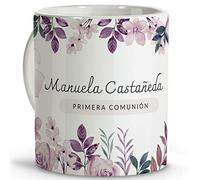 LolaPix Taza Personalizada Comunion. Ideas Regalos de Primera Comunion. Apta para Microondas y Lavavajillas 330ml. Color Interior a Elegir. Pink Floral