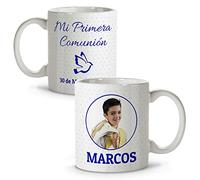 LolaPix Taza Personalizada Comunion. Ideas Regalos de Primera Comunion. Apta para Microondas y Lavavajillas 330ml. Color Interior a Elegir. Comunión Topos Azul