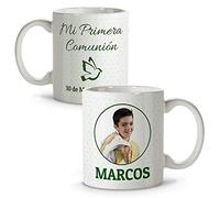 LolaPix Taza Primera comunión. Regalos comunión Personalizados con Nombre y Texto. Taza Personalizada Capacidad 330ml. Varios diseños. Topos Verde