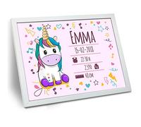 LolaPix Unicornio Cuadro Bebe Personalizado con Datos de Nacimiento. Nombre/Fecha/Hora/Peso/Altura. Regalos Recién Nacido. Marco Natalicio. Varios Diseños. Tamaño 30x40 cm. Unicornio Rosa